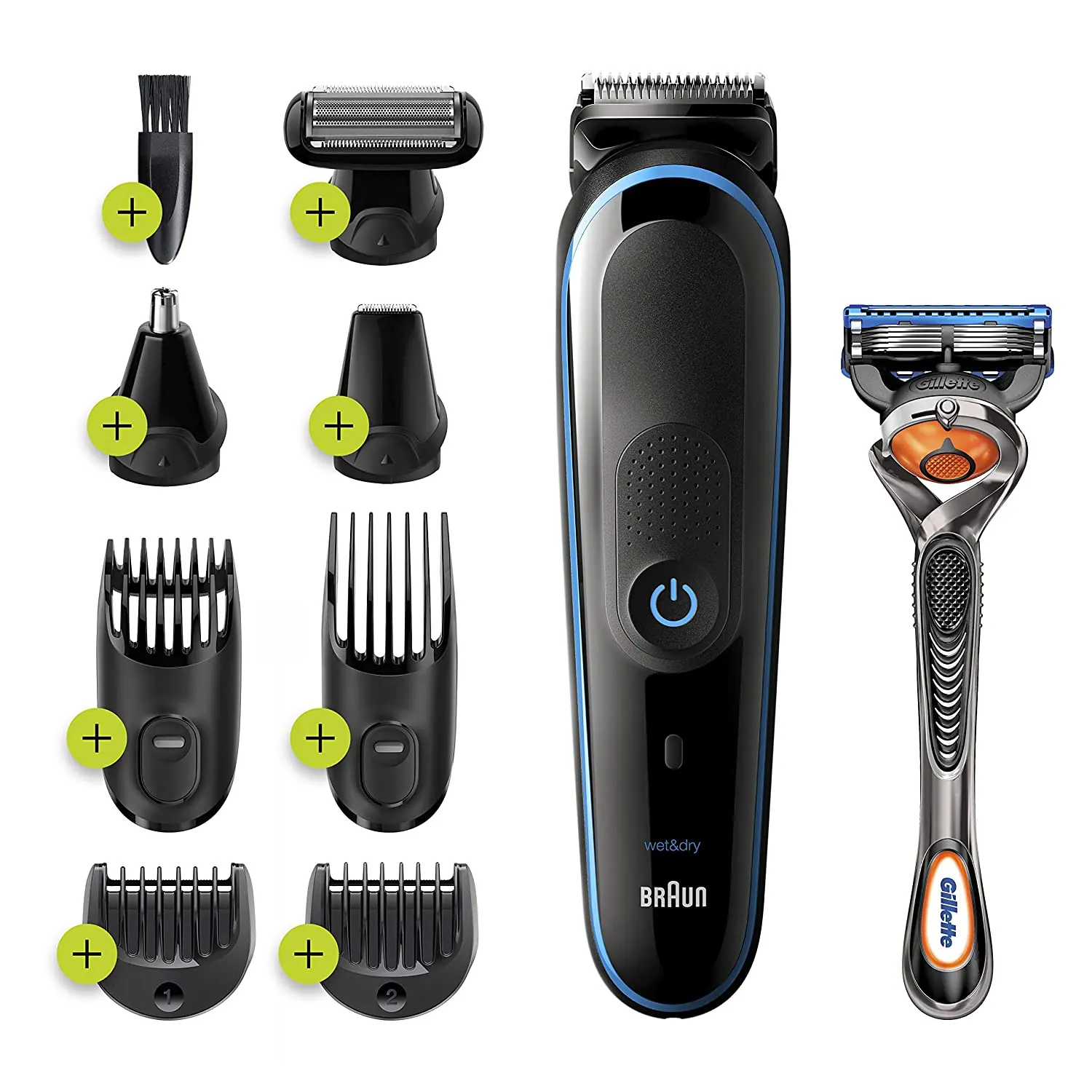 Braun All-in-one trimmer MGK5280 9-in-1 trimmer 7 attachments and Gillette Fusion5 ProGlide razor