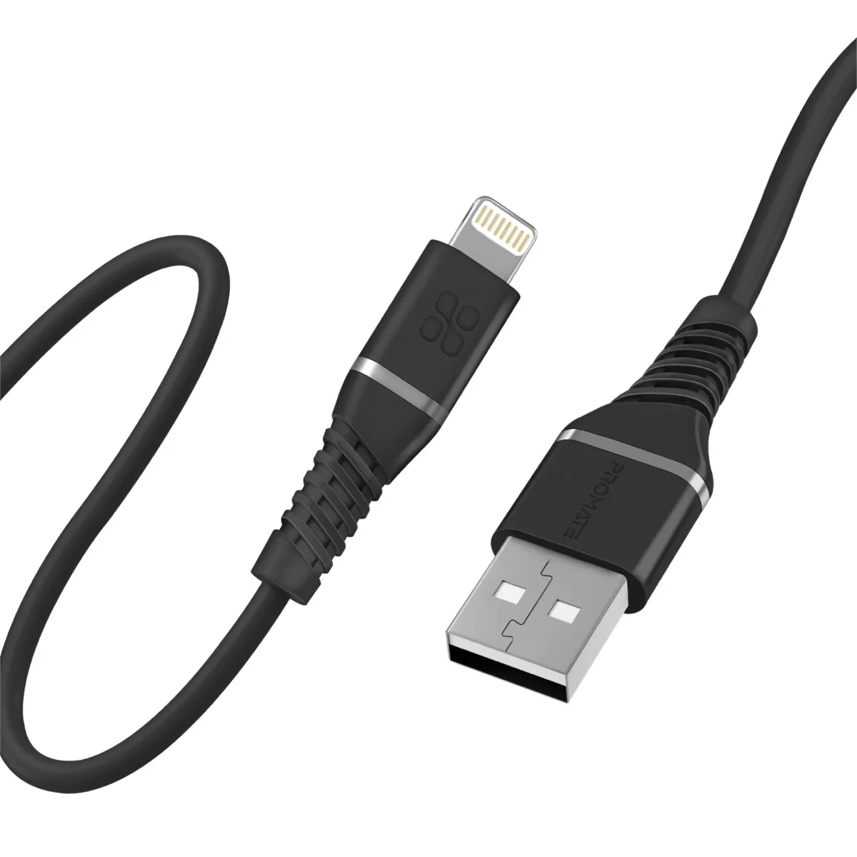 Promate USB-A to Lightning Cable with 2.4V Output, 480 Mbps Data Sync and 1.2m Cord, PowerLine-Ai120 Black