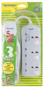 3 Way UK Power Extension Socket With Individual Switches 5M 1.25mm2 Cable 13A Plug