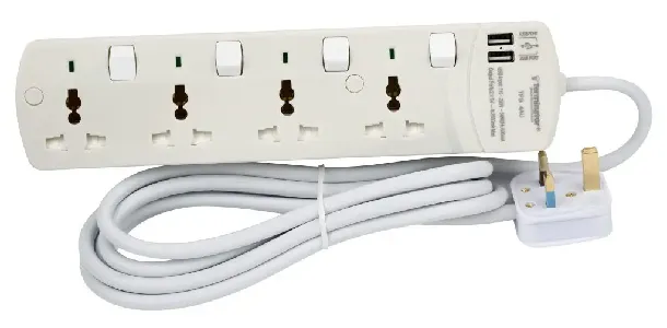 4 Way Universal Power Extension Socket With Individual Switches & Indicators 2 USB & 3M 13A