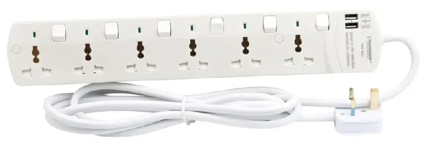 6 Way Universal Power Extension Socket With 3 LED Surge Protection Individual Switches & Indicators 5M 13A