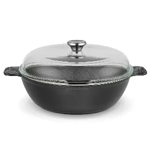 Fissman Shallow Casserole  NOMADA 28cm/4.1L with Two Side Handles Glass Lid (lightweight cast iron with Non-Stick Coating)