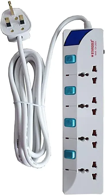 Stargold Extension Cord, Stargold Overload Protector Electric Charging Lead 4 Ac Output, 3250W/13A, 3 1.25Mm&sup2;/3M Long Power Cable, Heavy Duty Charging Station- White