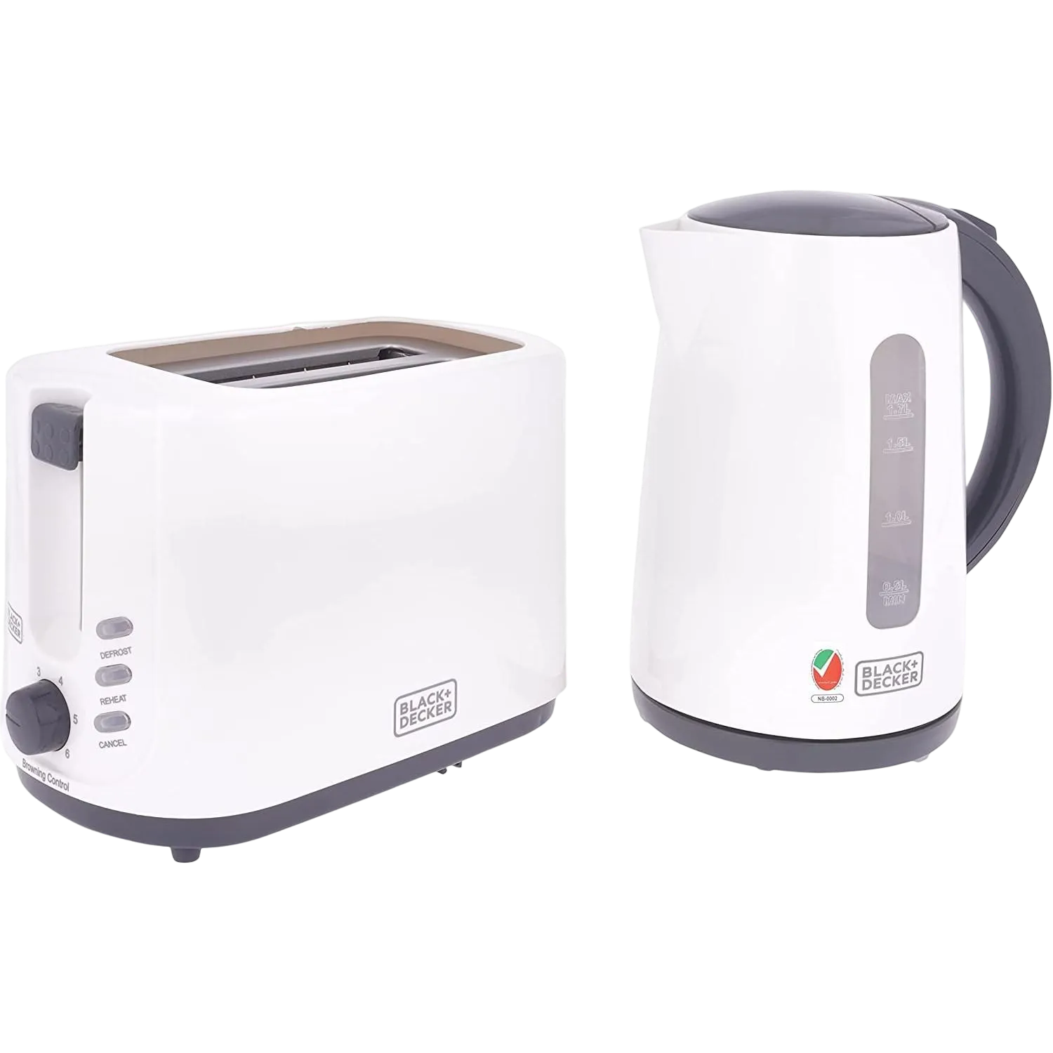 Black+Decker Breakfast Set With 1.7 Liters Electric Kettle And 2 Slice Bread Toaster MBF70-B5 White/Grey