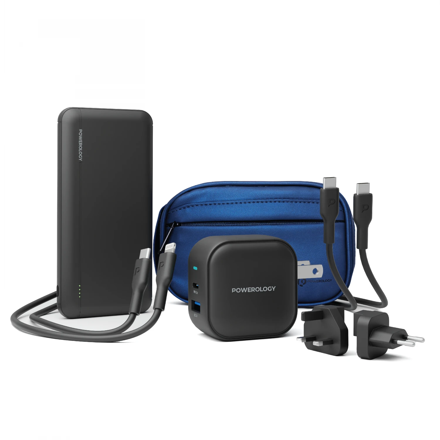 Powerology 5 in 1 Universal Power Combo 10000mAh PD Power Bank & 38W Charger World Travel Kit & Fast Charging PVC Cable Black/Blue_PPBCHA14-CB