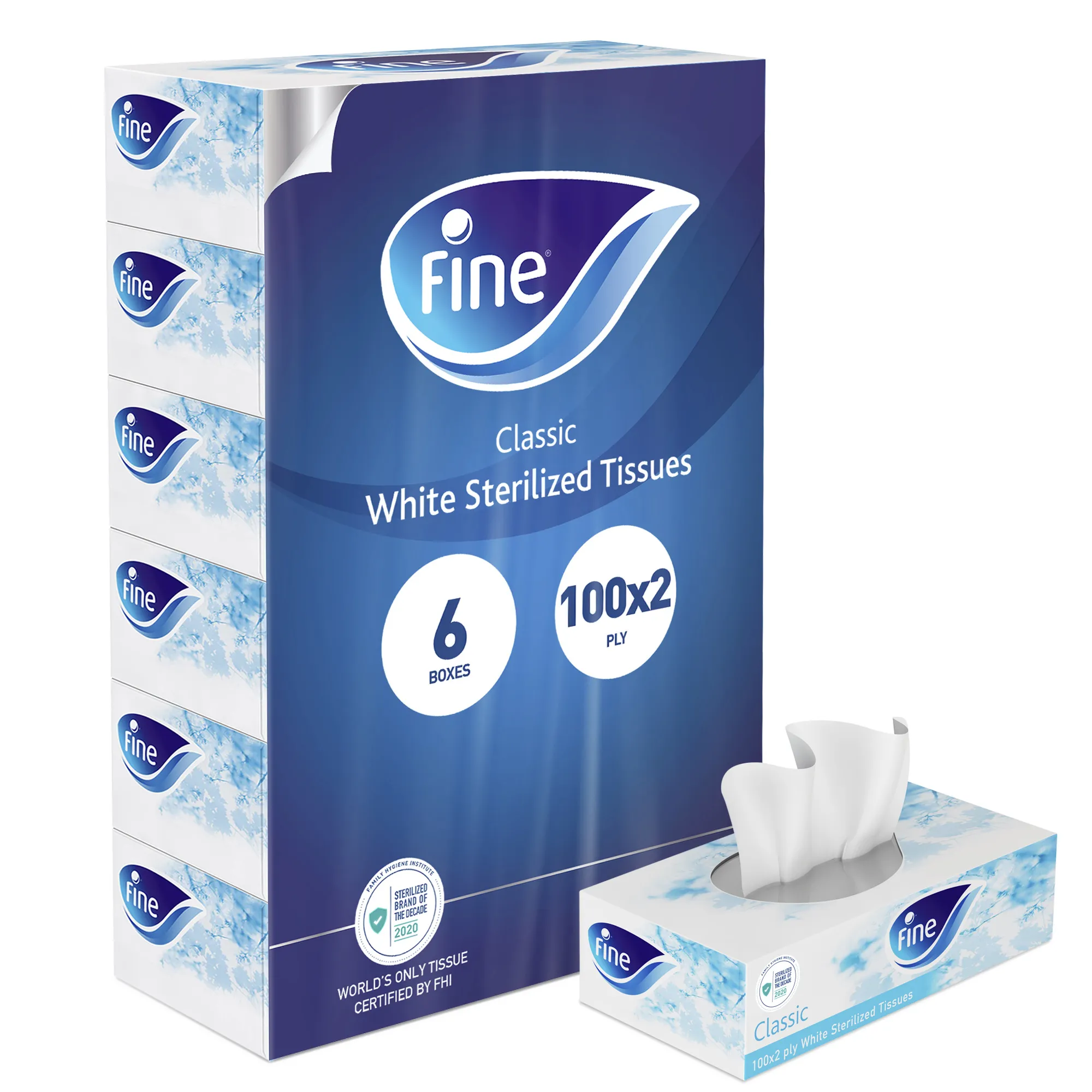 Fine, Facial Tissues, Classic, 100x2 Ply White Tissues, pack of 6 boxes, 600 tissues