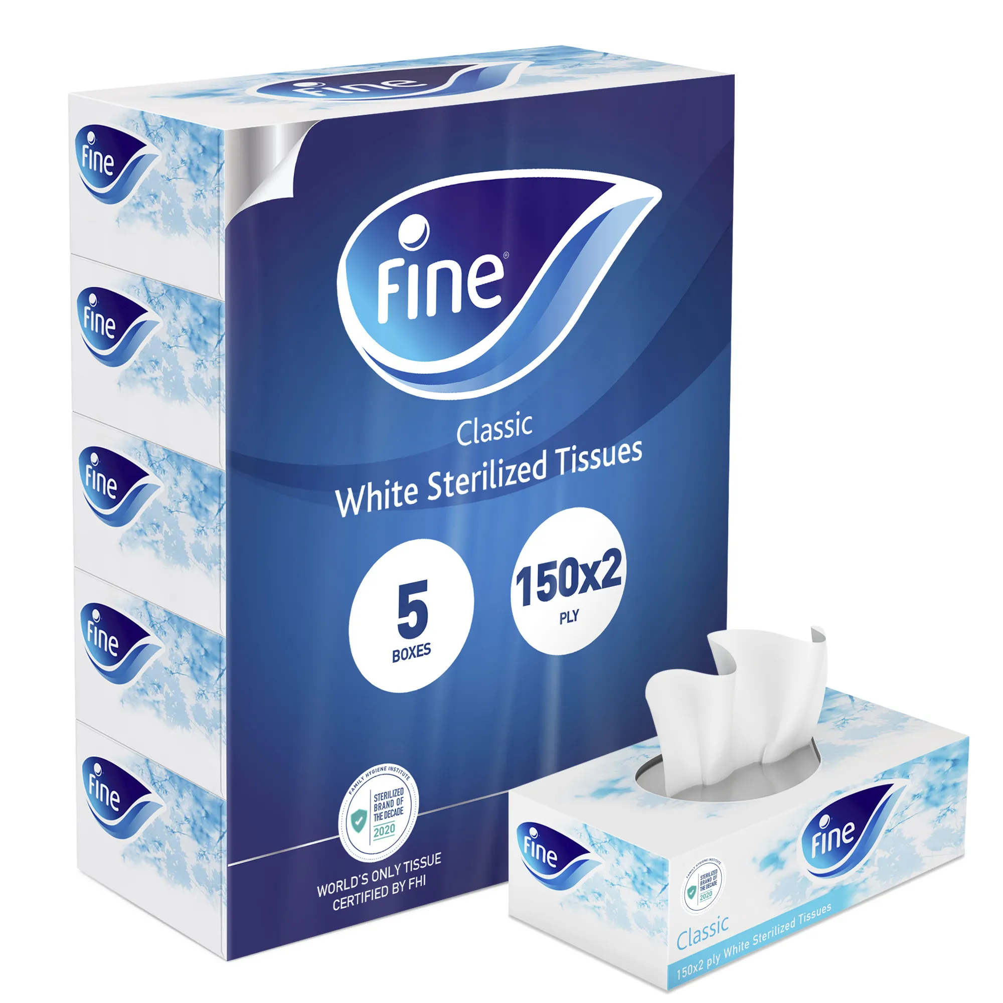 Fine, Facial Tissues, Classic Euphoria, 150x2 Ply White Tissues, pack of 5 boxes, 750 tissues