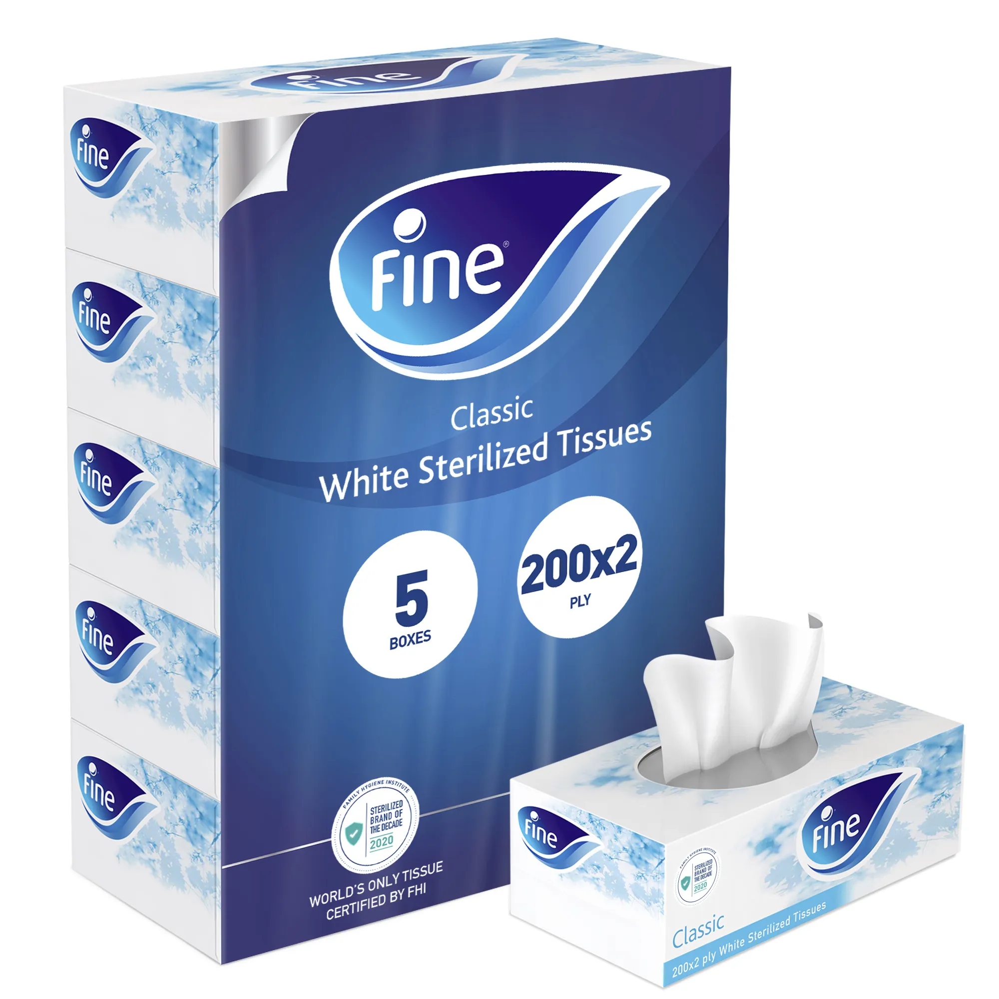 Fine, Facial Tissues, Classic, 200x2 Ply White Tissues, pack of 5 boxes, 1000 tissues