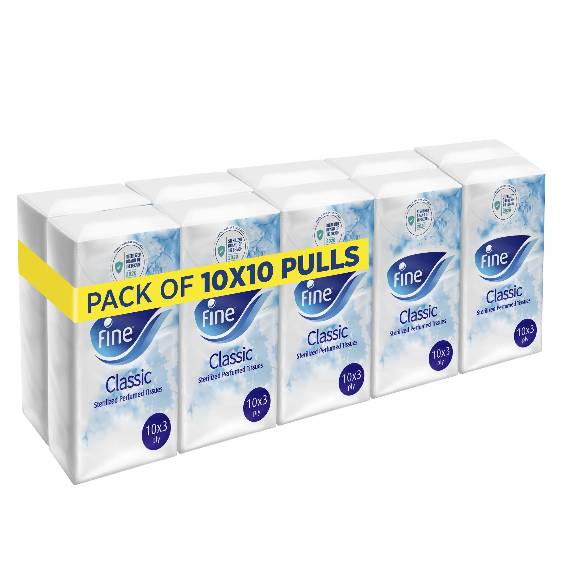 Fine, Facial Tissues, Classic Pocket, 10x3 Ply White Tissues, pack of 10, 100 tissues