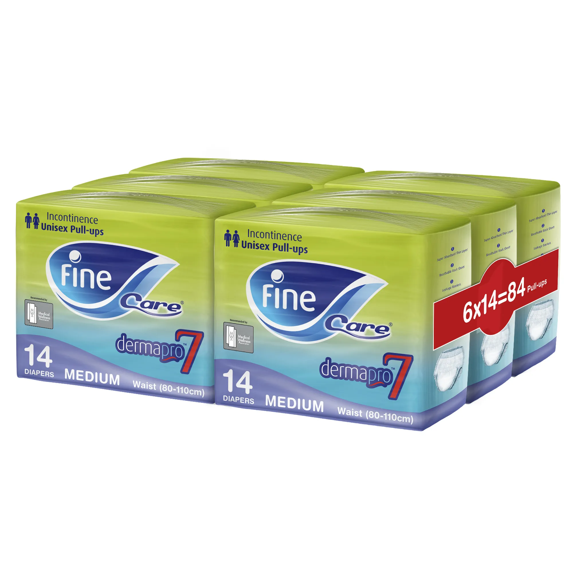 Fine Care Incontinence Unisex Pull-Ups, Medium (Waist 80 - 110 CM) - Pack of 14 X 6