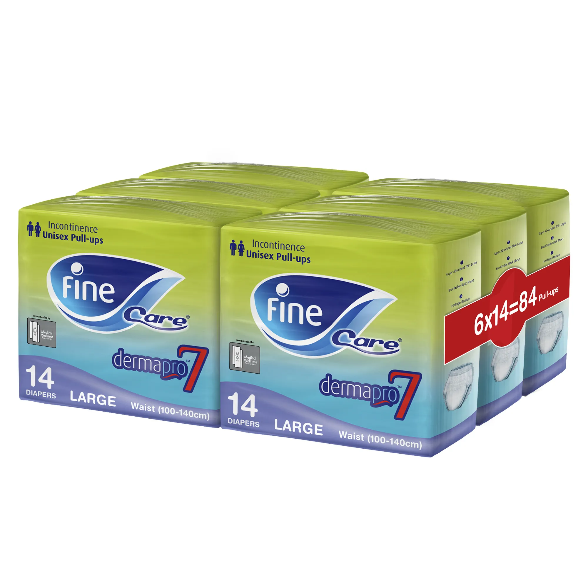 Fine Care Incontinence Unisex Pull-Ups, Large (Waist 100 - 140 CM) - Pack of 14 X 6