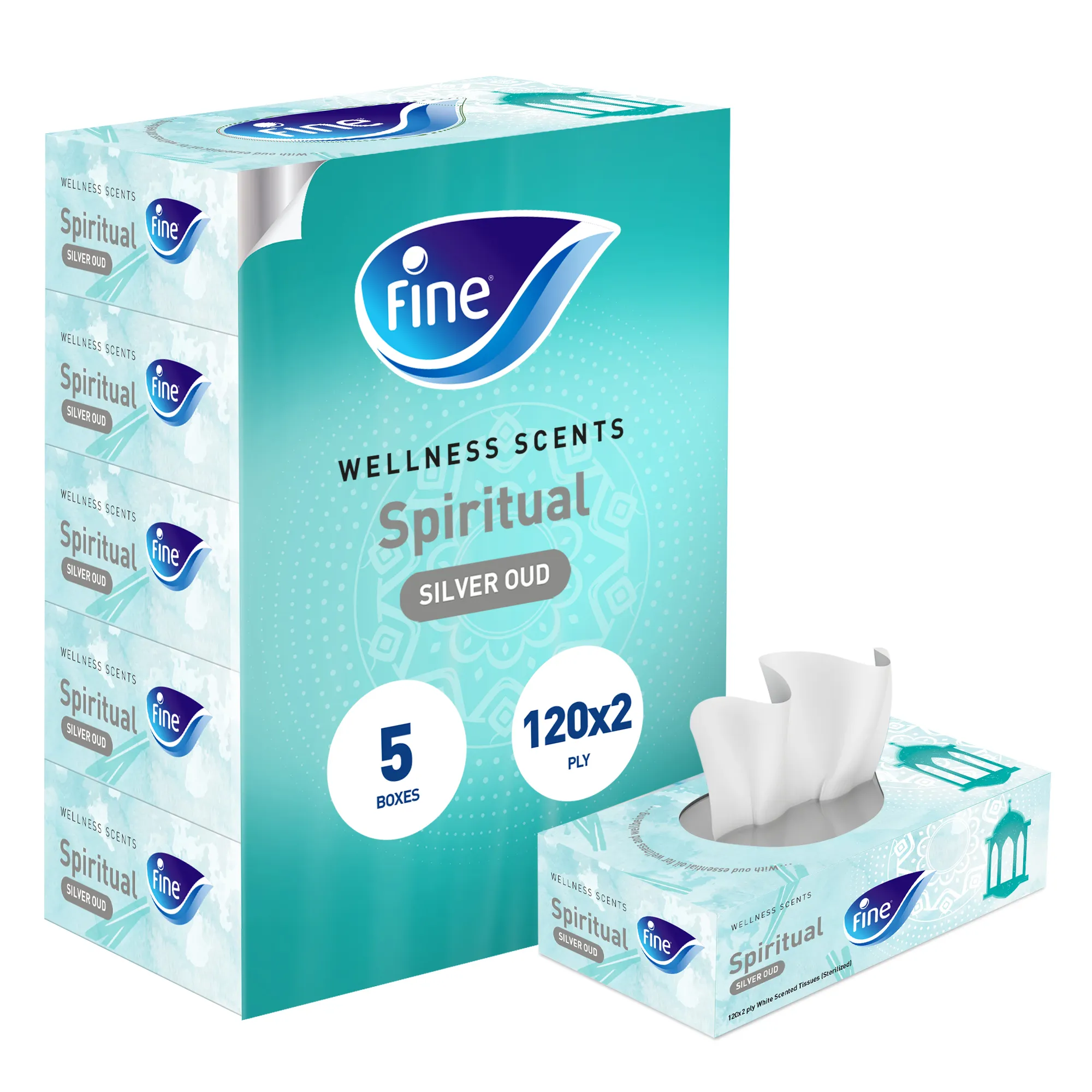 Fine, Facial Tissues, Wellness Scents Spiritual, Silver Oud, 120X2 Ply White Tissues, Pack of 5