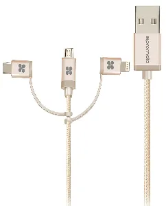 Promate USB-C Type C, Micro USB, Apple MFi Lightning Cable 3 in 1 Triple Head Data and Charge Cable for Apple, Android and Type C Devices, Unilink-Trio Gold