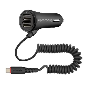 Promate Car Charger, Ultra-Fast 3.4A Dual USB Car Charger With built-in 1.8M USB Type-C Coiled Cable, Smart LED Indicator and Over-Heating Protection for Smartphones, Tablets, GPS, MP3 Player