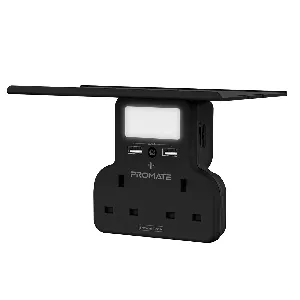 Promate Wall Mount Charging Station, 5-in 1 Wall Outlet Extender with Removable Shelf, Dual 3250W AC Outlets, 2 USB Ports, Sensor LED Night Light and Brightness Control, PowerRack.UK-Black