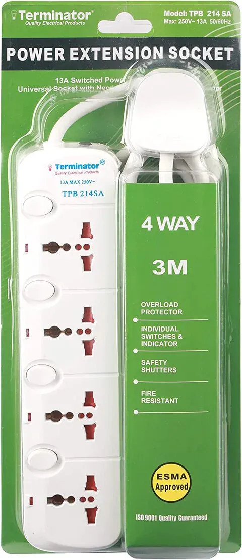 Terminator 4 Way Universal Power Extension Socket 3M