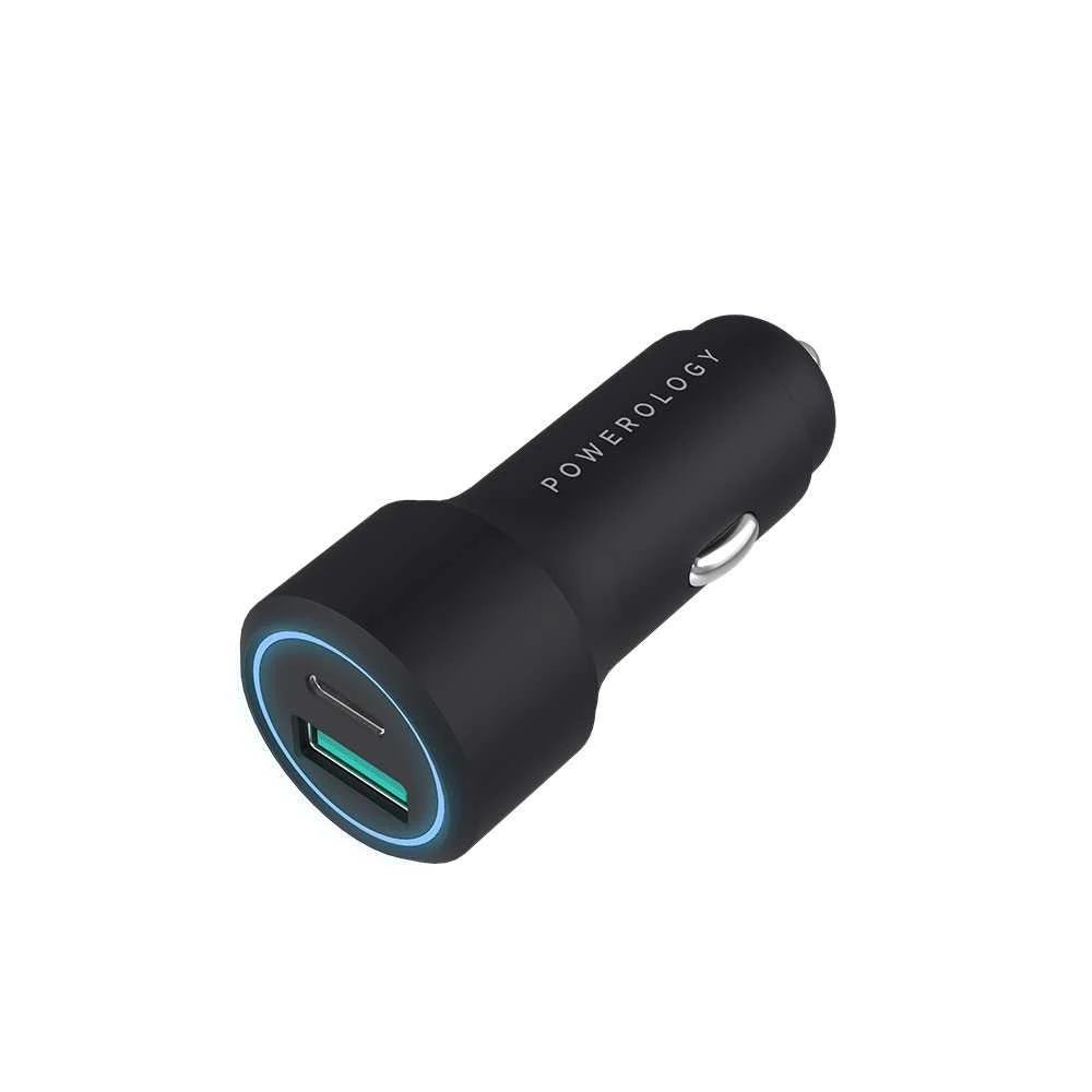 Powerology Aluminum Ultra-Quick 43W Car Charger 25W PD + QC3.0 with USB-C to USB-C Cable (0.9m/3ft) Black_PQCPDCCCBK