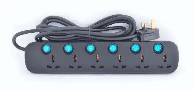 6 Way Universal Power Extension Socket 3X1.25MM2 Black Body & Blue Switch 3M Cable 13A Plug