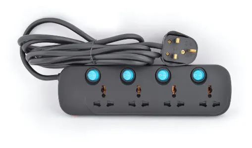 4 Way Universal Power Extension Socket 3X1.25MM2 Black Body & Blue Switch 5M Cable 13A Plug