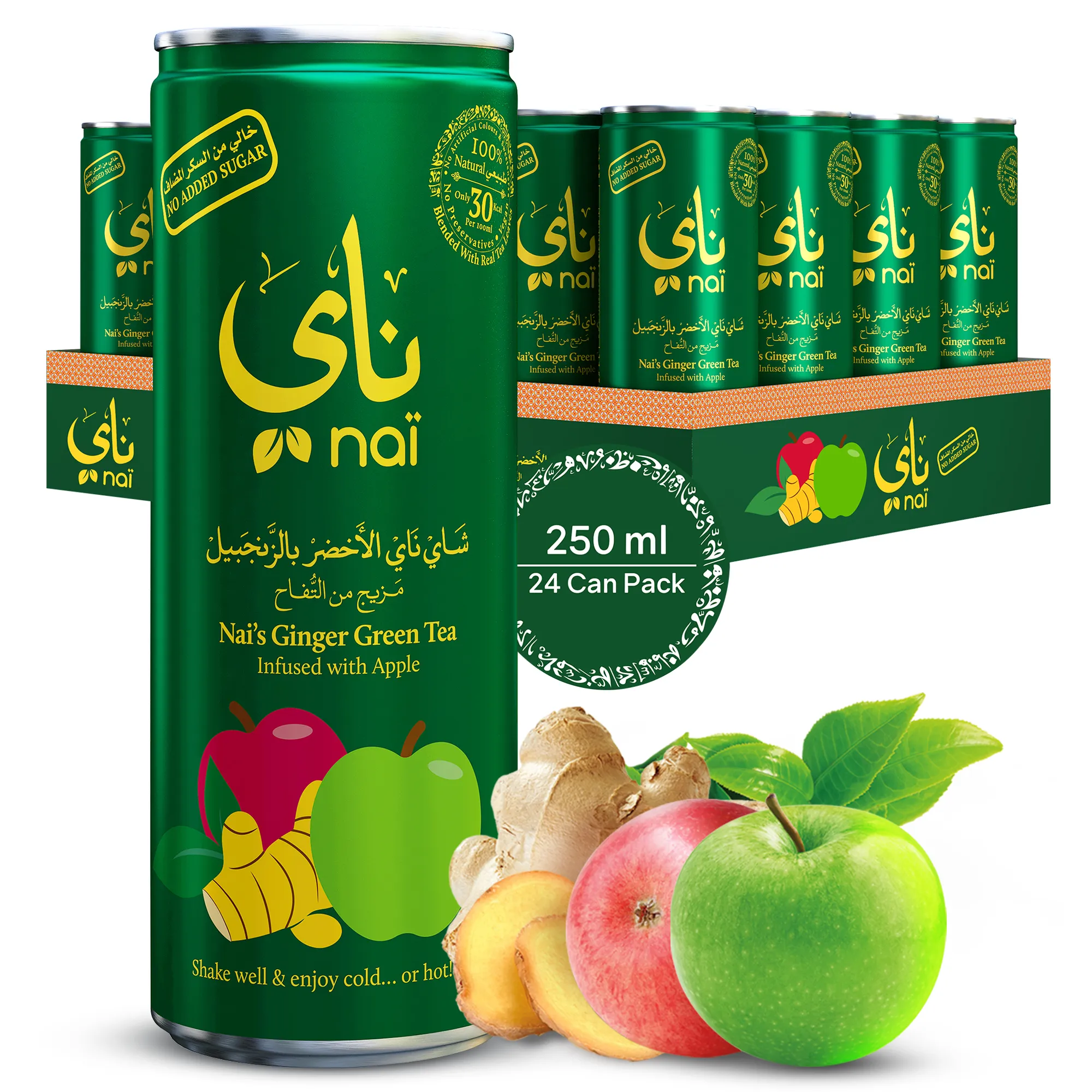 Nai s Ginger Apple Green Tea, 100 Natural, Ready-to-Drink, 250ml Can, 24 pack