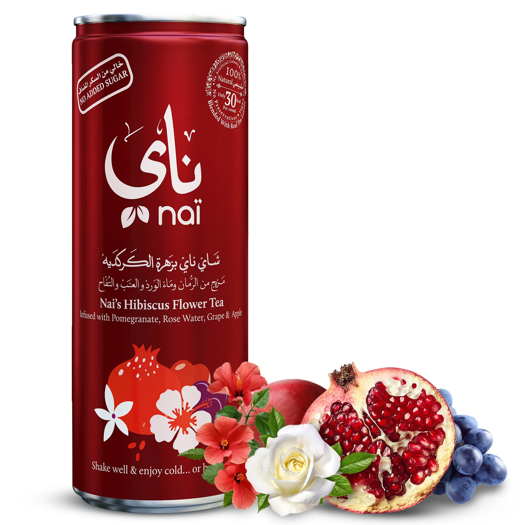 Nai s Hibiscus Pomegranate Rose Iced Tea, 100 Natural, Ready-to-Drink, 250ml Can