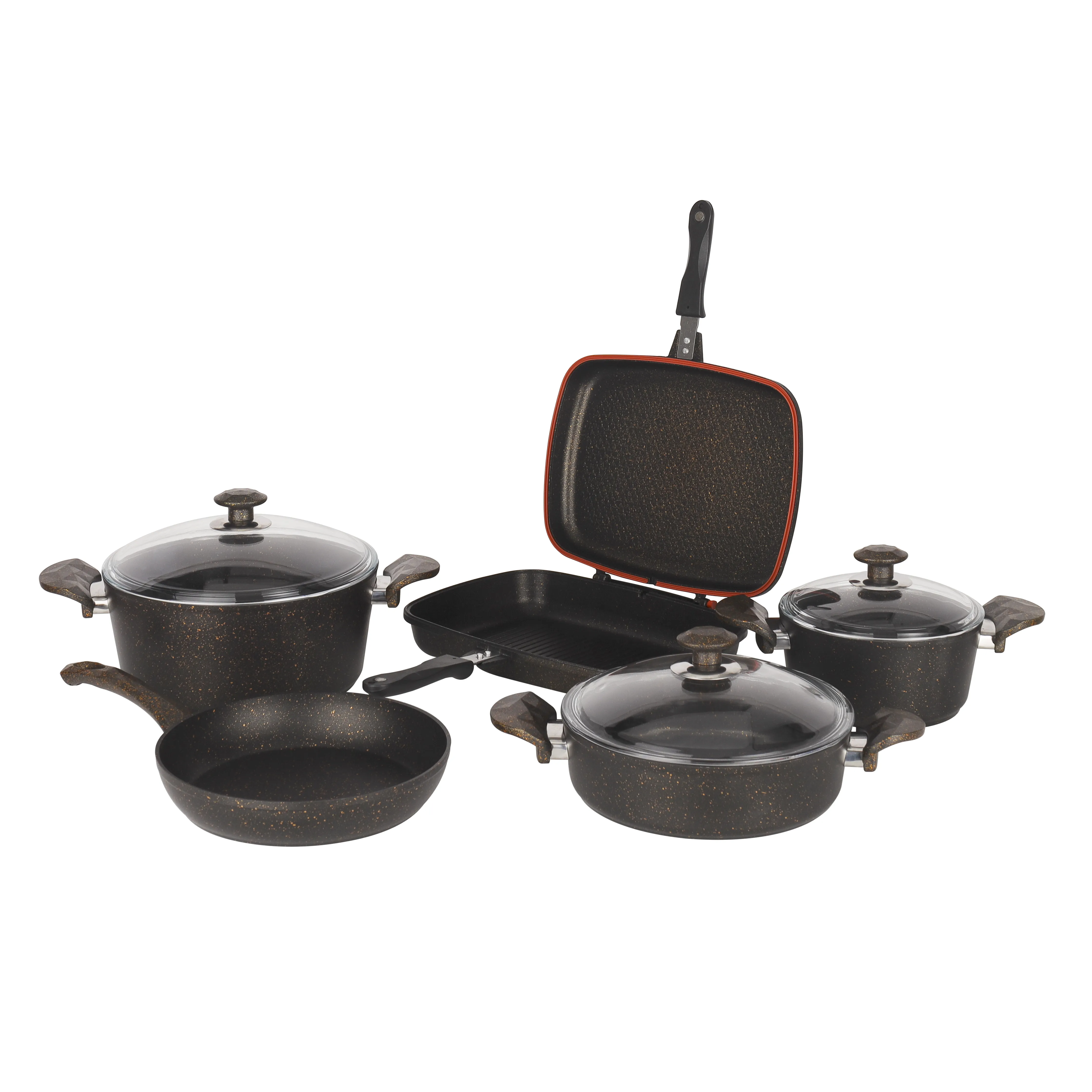 Royalford Chef Mark Granite Coated Cookware Set, 9 Pieces, RF10268 Premium-Quality Aluminium Tempered Glass Lid Heavy-Duty Bakelite Handles Compatible with all Types of Gas