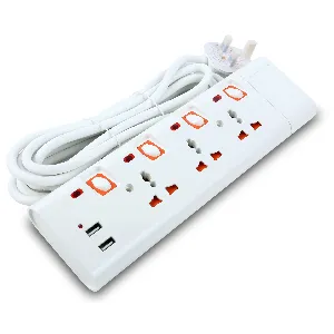 3 Way Extension Socket with 2 USB Port - Extension with 4 Led Indicators, 4 Power Switches | Extra Long 5m Cord with Over Current Protected | Ideal for All Electronic Devices | 2 Years Warran