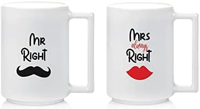 Luminarc A La Bonn Mr and Mrs Right Mug 2 Pieces, 380 ml Capacity, White