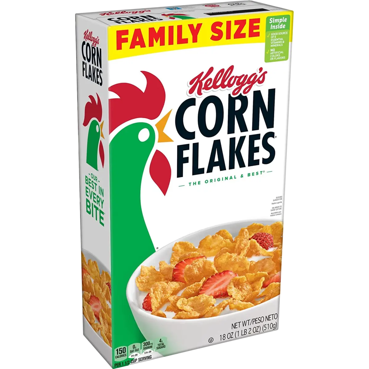 Kellogg’s Corn Flakes Cold Breakfast Cereal, 8 Vitamins and Minerals, Healthy Snacks, Family Size, Original