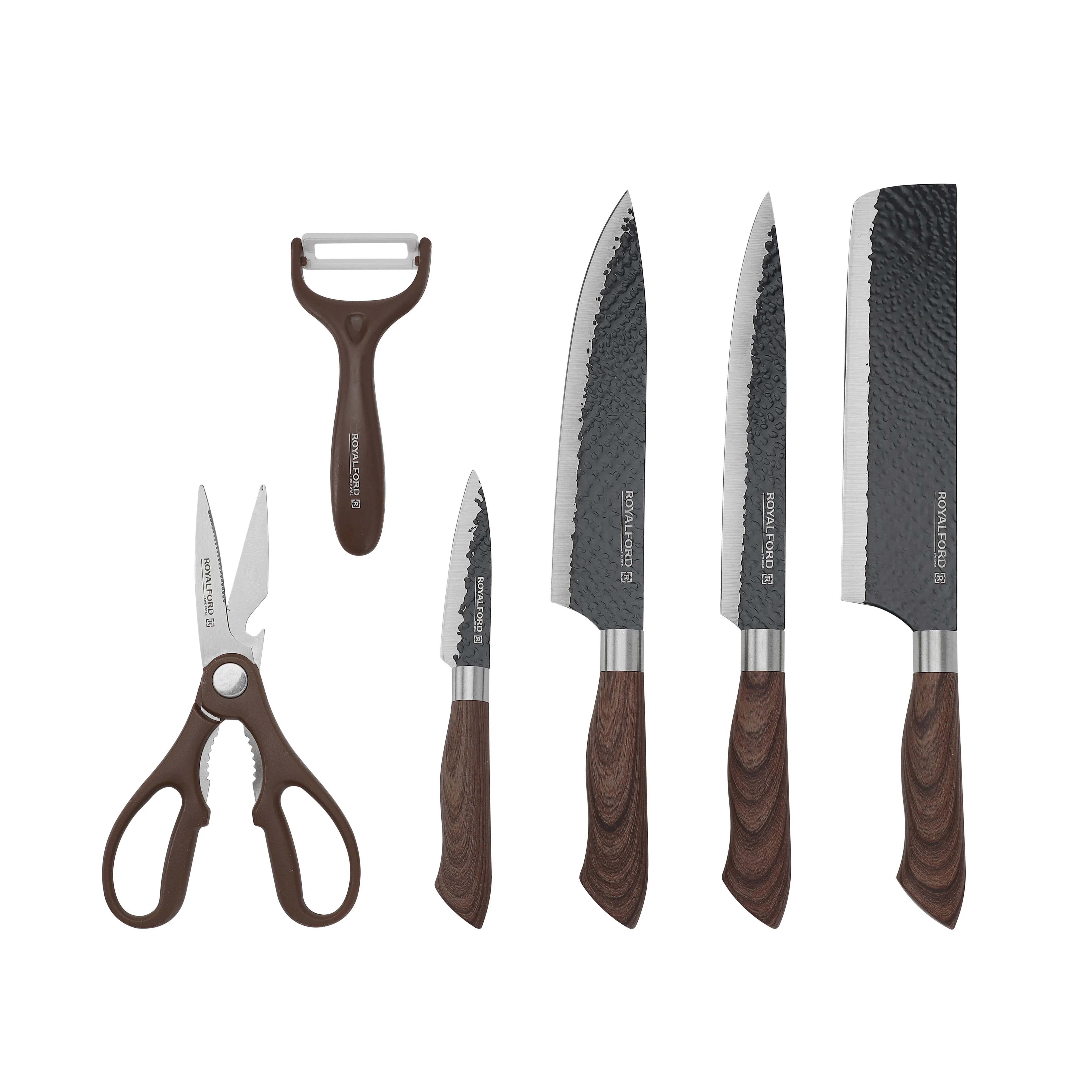 Royalford 6pcs Kitchen Knife Set with Non-Stick Coating, RF10462 Extra-Short Stainless-Steel Blades Premium-Quality PP Handle with TPR Wood-Finish Multi-Functional Set