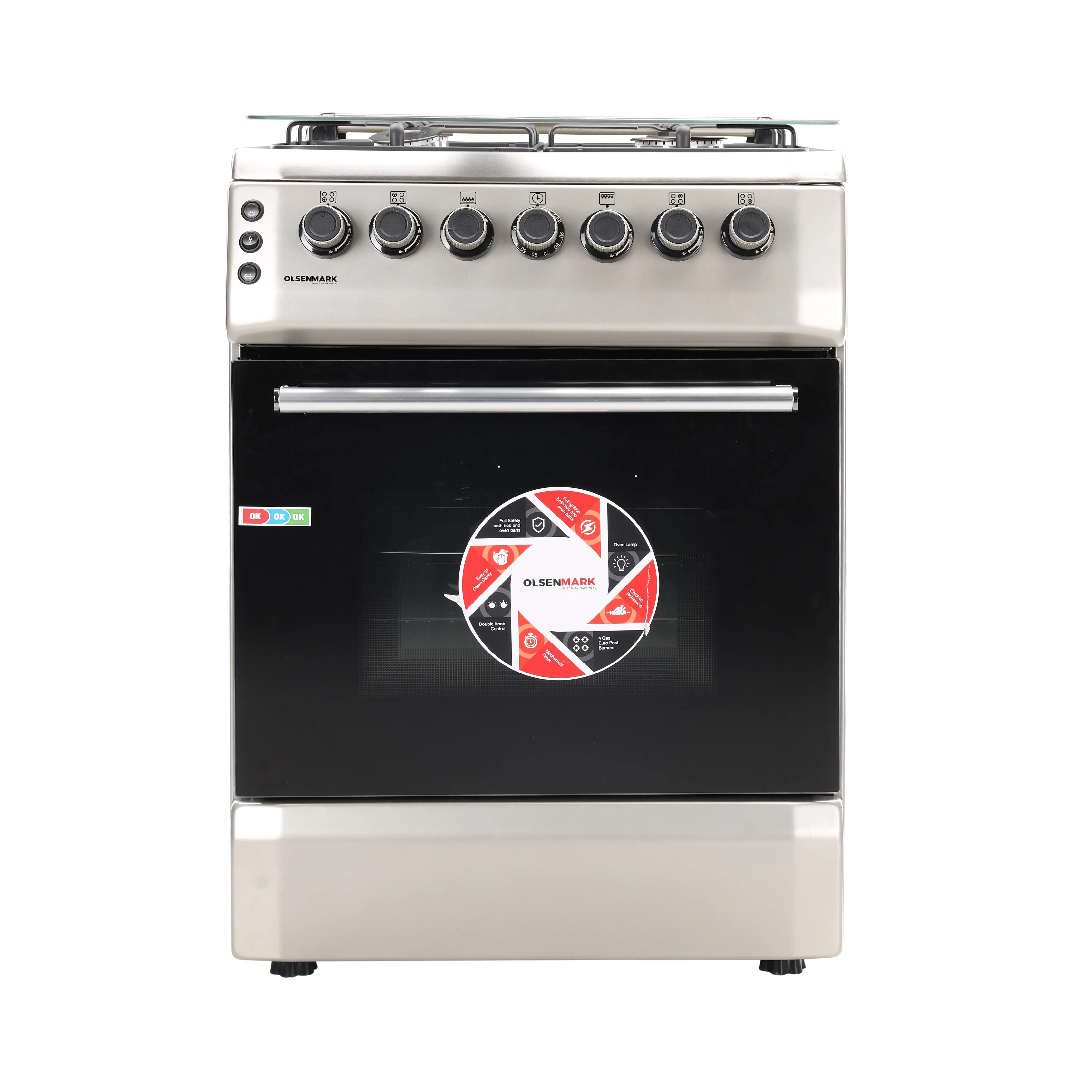Olsenmark 60 60 Cm Gas Cooking Range - 4 Gas Burners Convection Single Grill/Oven, Heavy Duty Metal Knobs Oven/Grill Function Glass Lid, Oven Lamp Mechanical Timer Perfect for Cook, Bake & Gr
