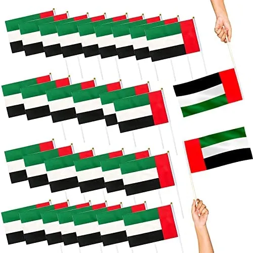 Hystyfu 30 PCS UAE Flag Hand Waving Desk Flags UAE Flag Day UAE National Day Party Supplies Flag Decoration (Double Sided, 14x21x30 cm)