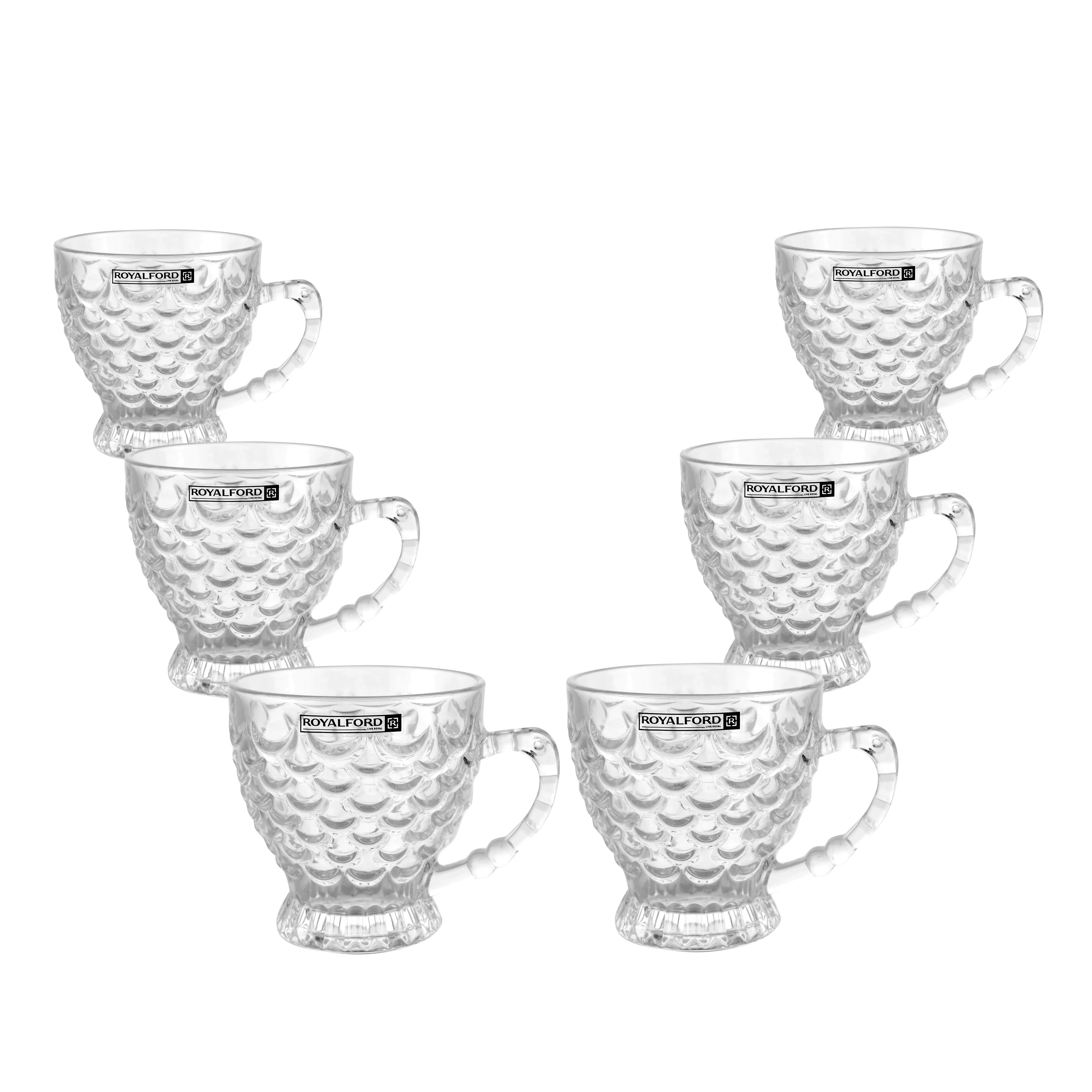 Royalford  RF9647 6Pcs Glass Cups 5Oz - Made up of Highly Durable Material for Regular Use with Heat Resistant Handles Transparent Body Ideal for Tea, Coffee, Latte, Cappuccino or Espresso