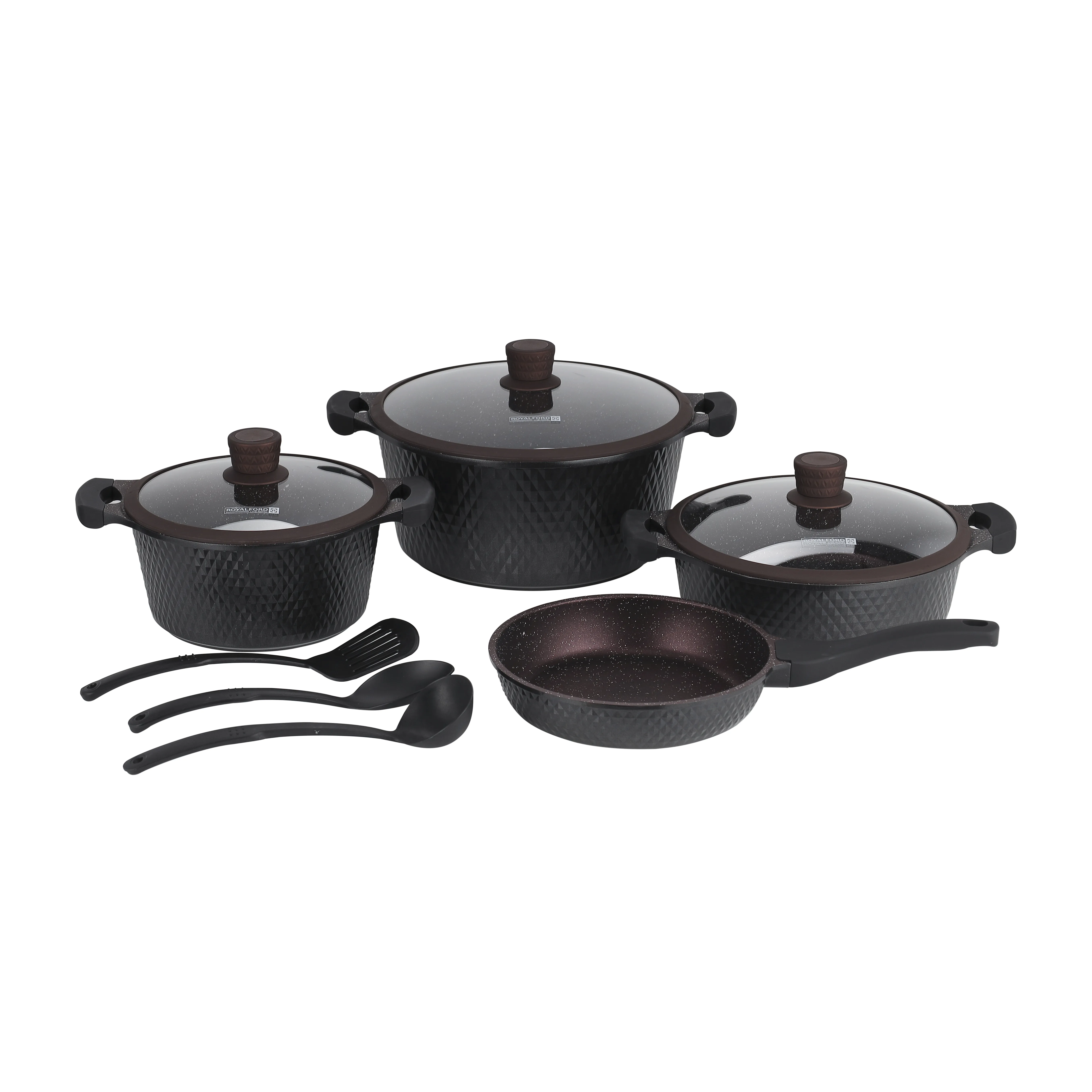 Royalford Die-Cast Cookware Set with Durable Granite Coating, RF10336 10 Pcs Cookware Tempered Glass Lid Heavy-Duty Bakelite Handles Compatible with Multiple Hob