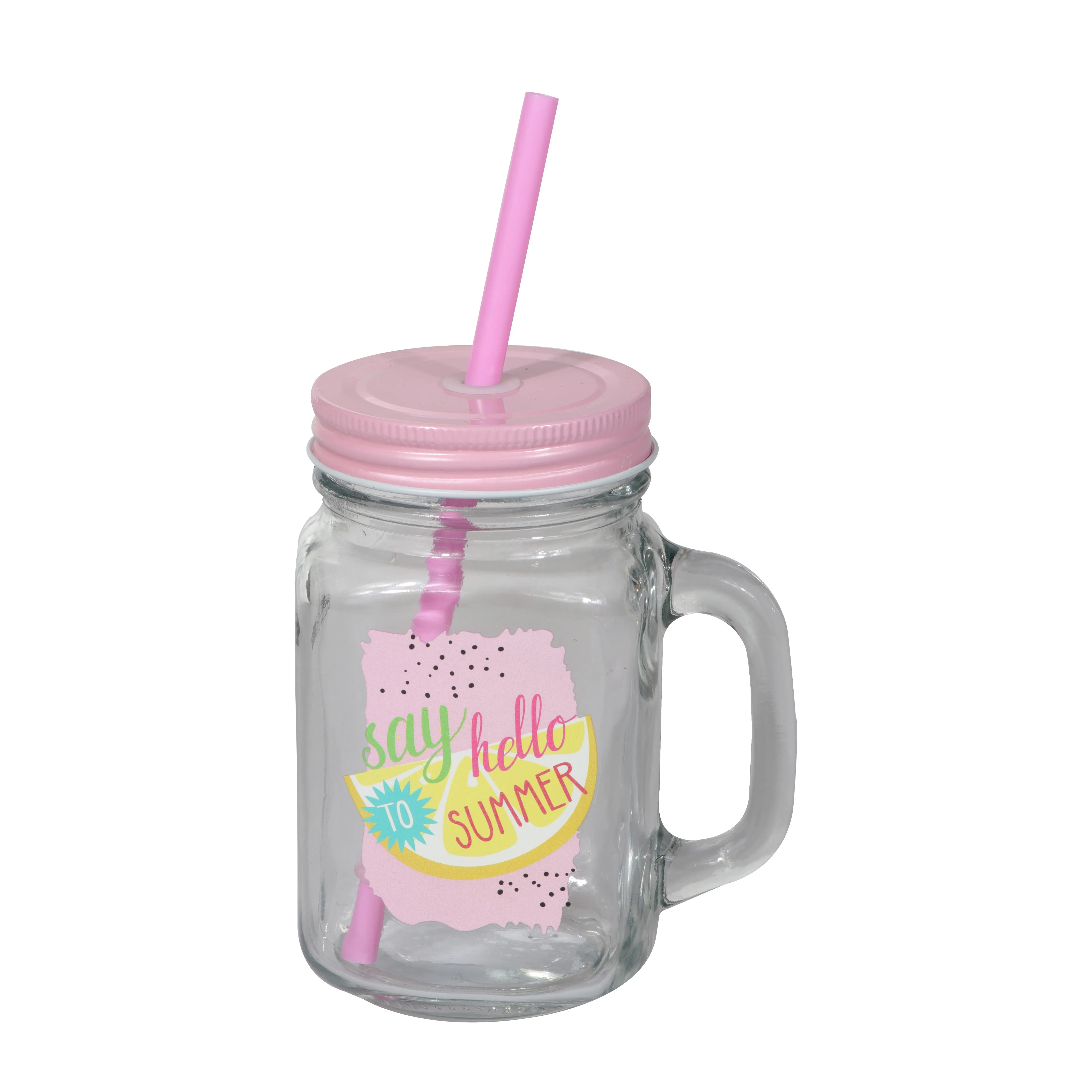 Royalford  500ML 17Oz Tuty Fruit Mason Jar - Drinking Jar with Handle and PP Straw - Transparent Jar with Tin Lid - Perfect for Smoothies, Cocktails, Breakfast and Sodas