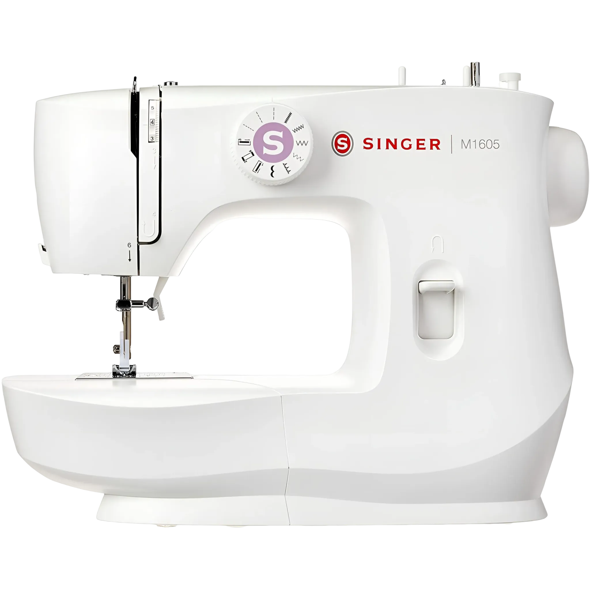 Singer Domestic Sewing Machine, 6 Built-In Stitches, Easy Stitch Selection, With Front Loading Bobbin & Adjustable Thread Tension Dial – M1605 White