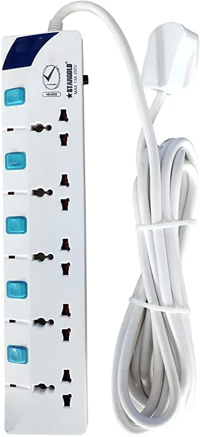 Stargold Extension Cord, Stargold Overload Protector Electric Charging Lead 5 Ac Output, 3250W/13A, 5 1.25Mm&sup2;/5M Long Power Cable, Heavy Duty Charging Station- White