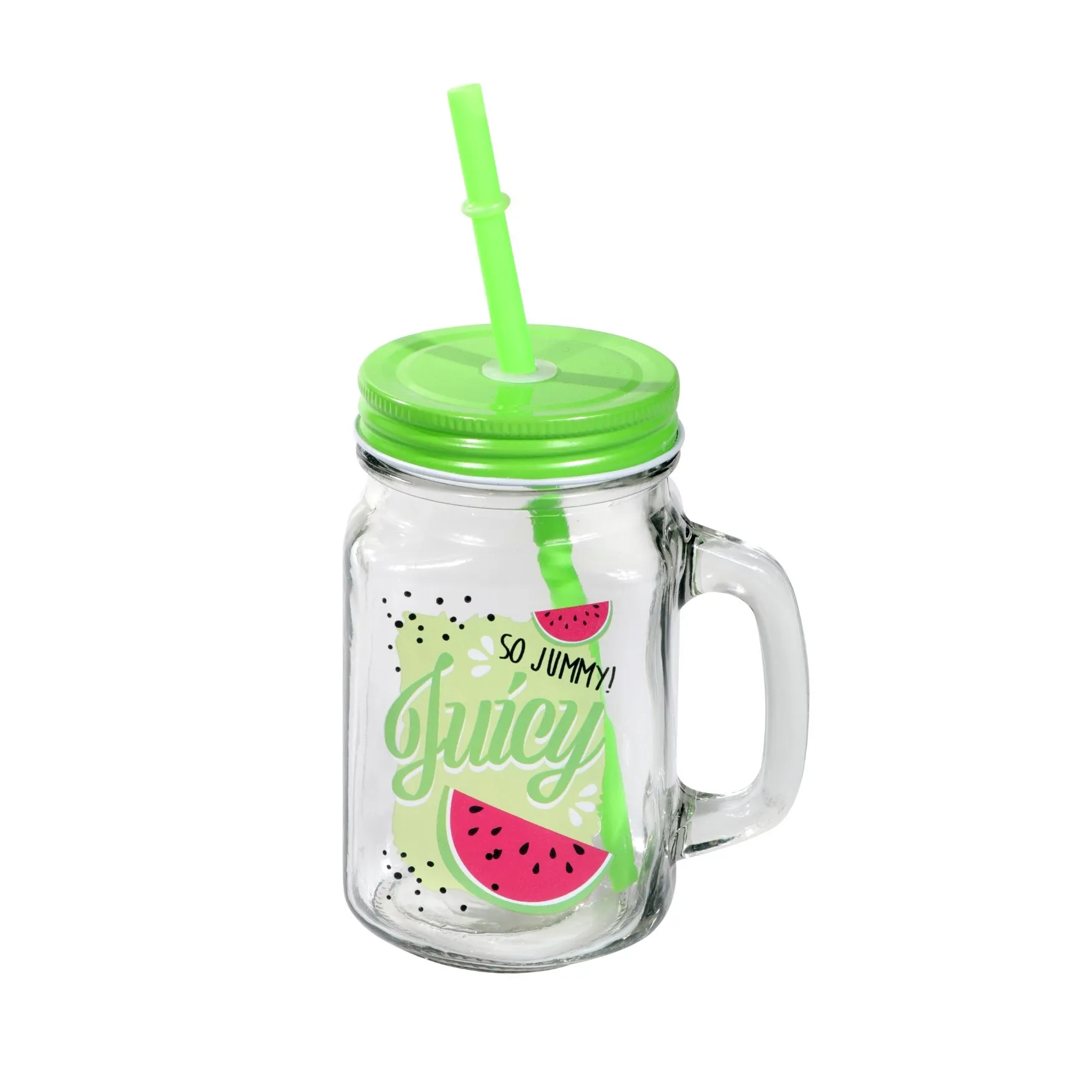 Royalford  500ML 17Oz Tuty Fruit Mason Jar - Drinking Jar with Handle and PP Straw - Transparent Jar with Tin Lid - Perfect for Smoothies, Cocktails, Breakfast and Sodas