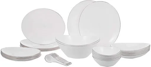 Royalford  34 Pieces Artisan Silver Dinner Sets - Plain Design Plates, Bowls, Spoons Comfortable Handling Perfect for Family Everyday use, & Family Get- Together, Restaurant, Banquet & More