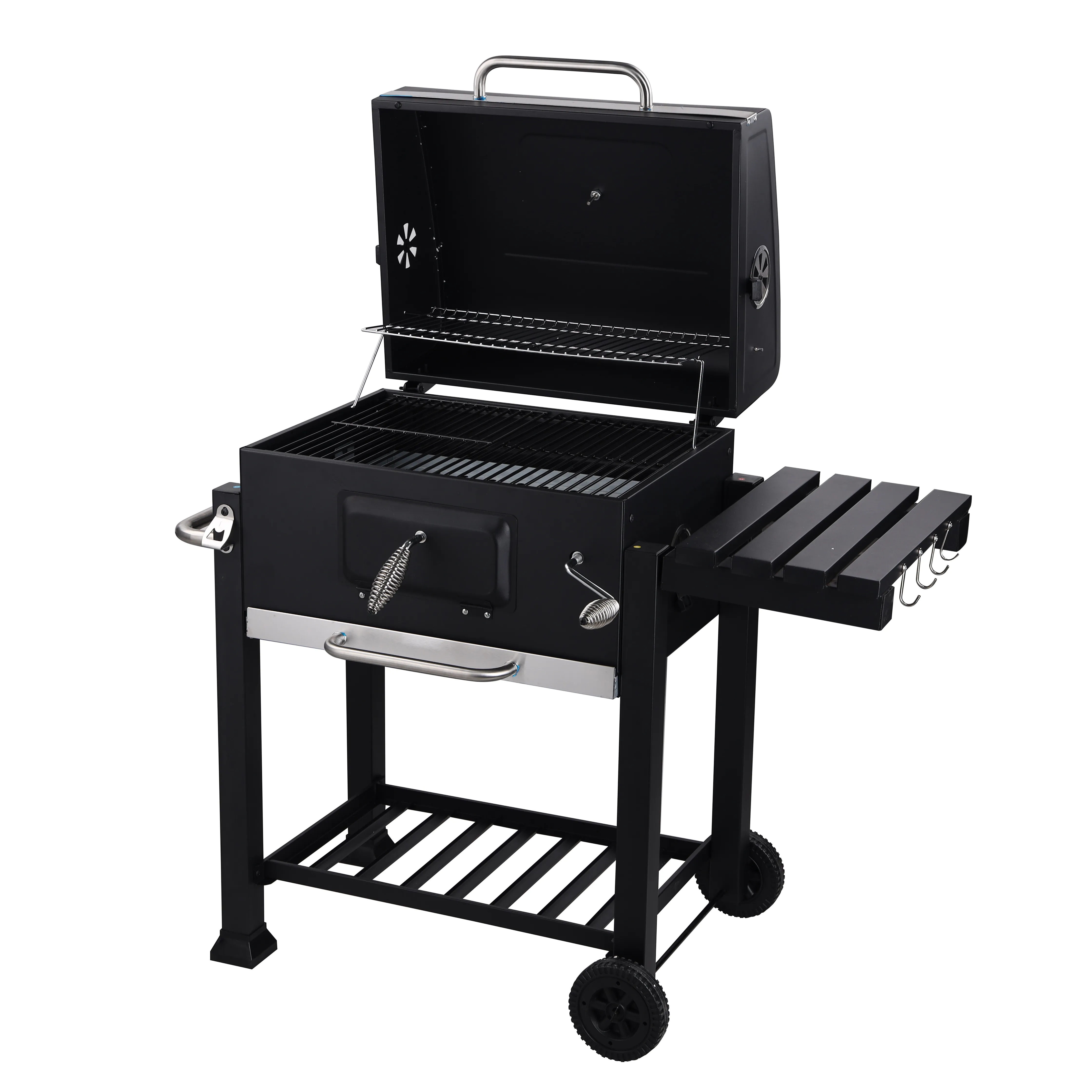 Royalford Wheeled Barbecue Stand with Grill, Iron Construction, RF10355 Two Wheels for Easy Transport Steel Handle Built-In Thermometer Two-Layer Enamelled Cooking Grills