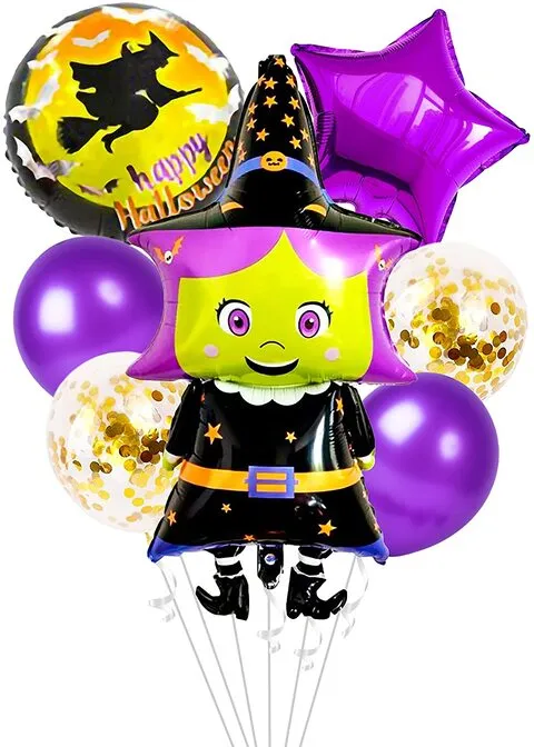 Party Time 7pcs Halloween Balloon Sets Jumbo Witch Foil Balloons, Confetti Balloon & Latex Balloon, Halloween Decoration Supplies - Halloween Party Decorations Set