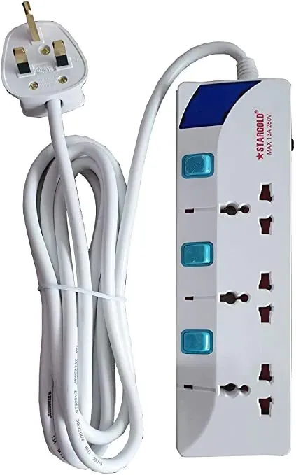 Stargold Extension Cord, Stargold Overload Protector Electric Charging Lead 3 Ac Output, 3250W/13A, 3 1.25Mm&sup2;/3M Long Power Cable, Heavy Duty Charging Station- White