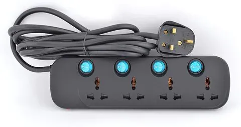 Terminator 4 Way Universal Power Extension Socket 3X1.25Mm2 Black Body & Blue Switch 5M Cable 13A Plug