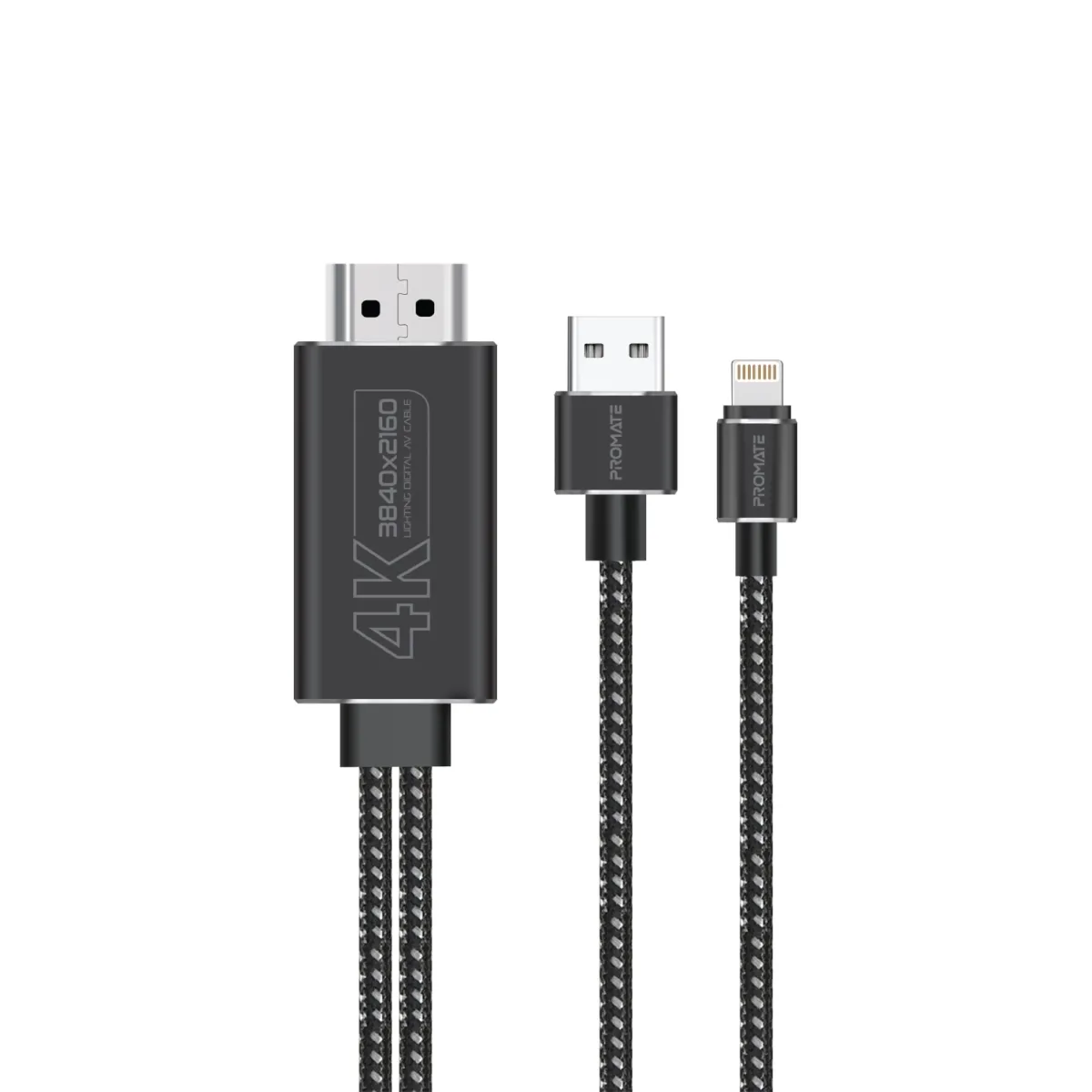 Promate 4K HDMI Cable, Ultra HD Durable Lightning Connector to HDMI Cable with USB Charging Bridge, 4K@30Hz, 1080p@60Hz Transmission and 1.8m Anti-Tangle Braided Cable for iPhones, iPads, Med