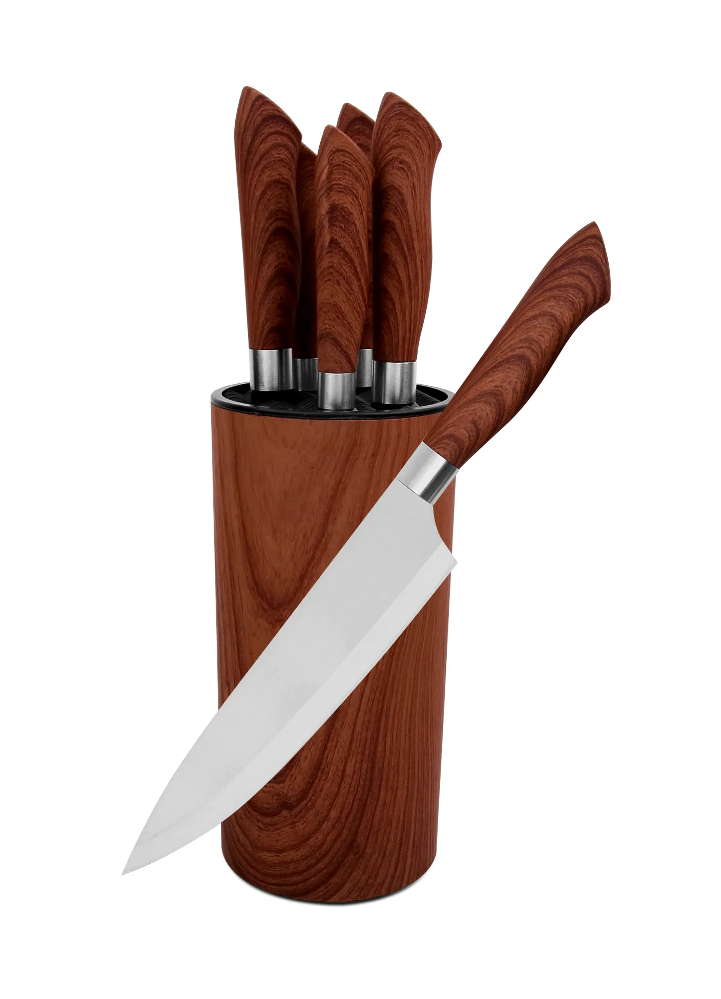 Royalford  RFU9041 6 Pcs Stainless Steel Kitchen Knives Set - 5 Knives, Polymer Stand, Stain Resistant, Classic Wooden Design - Cut and Chop with Excellence