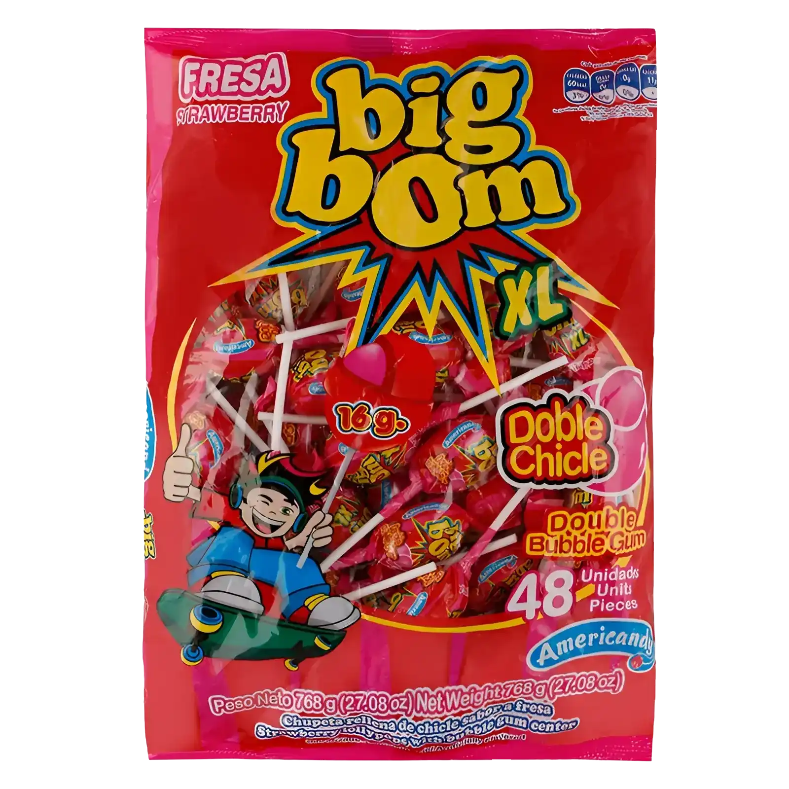 Americandy Big Bom Xl Strawberry Lollipops, 16 g (Pack of 48) - 01040205 (JBI2CD044)