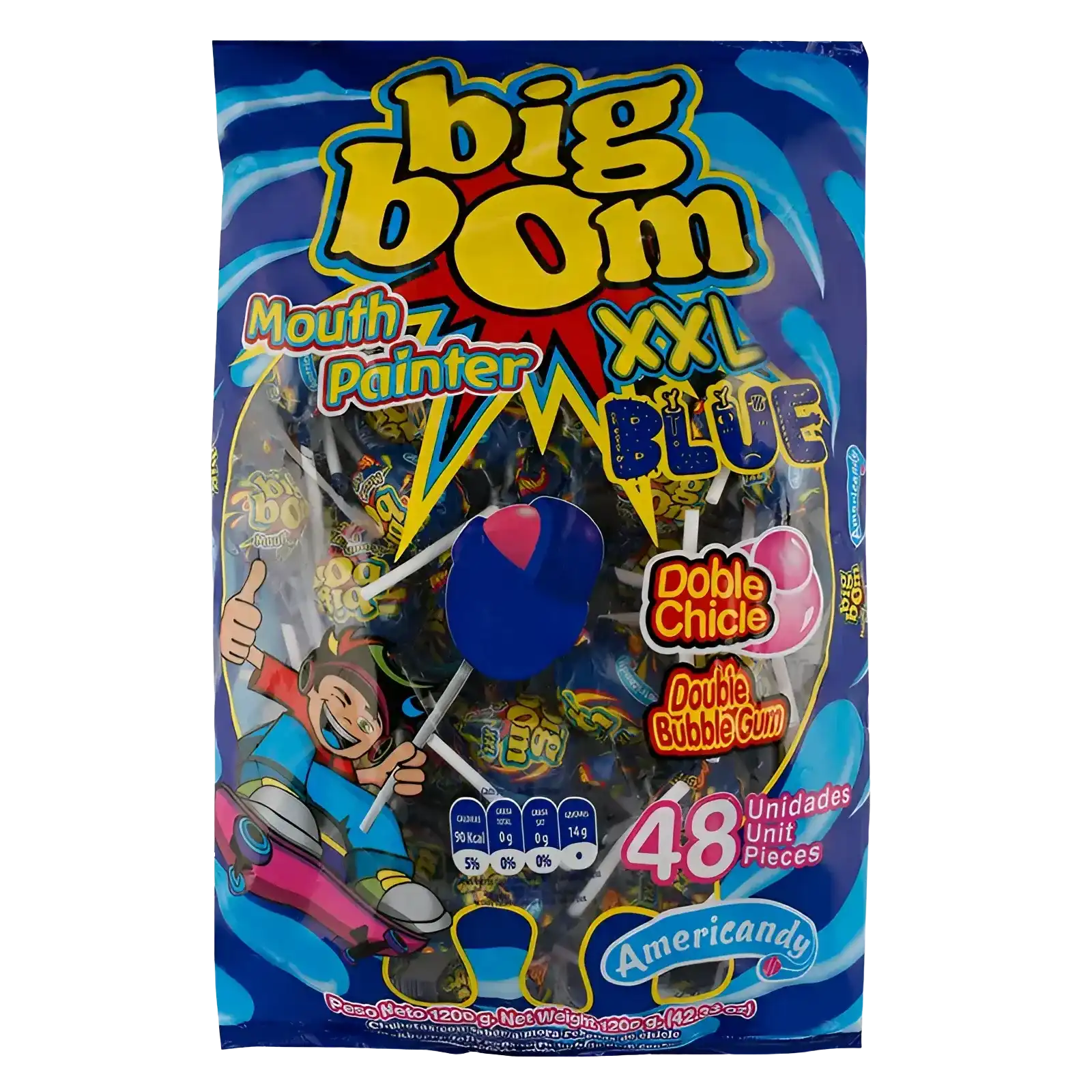 Americandy Big Bom XXL Mouth Painter Blue Lollipops, 48 x 25 gm - 01040649 (JBI0062F2)