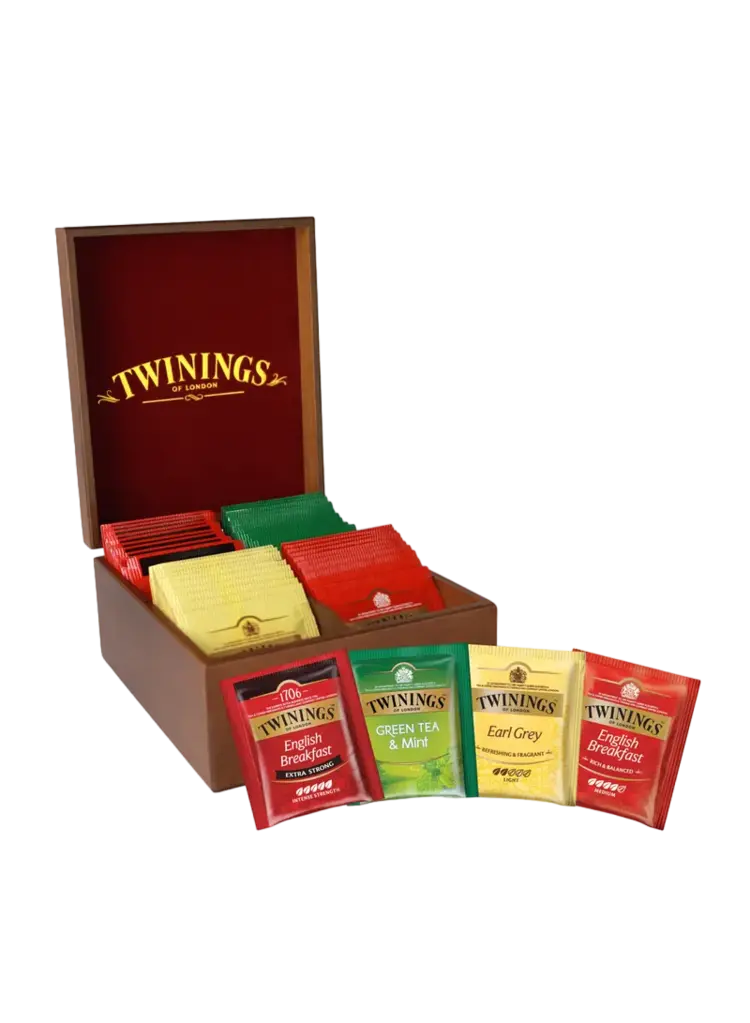 Twinings 4 compartment Wooden box, Traditional Luxury Tea, Premium Blend of Fine Black and Green Teas