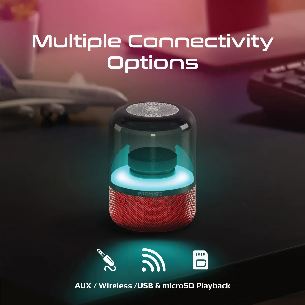 Promate Bluetooth Speaker with TWS, 360 HD Surround Sound, LED Show and Multiple Connectivity Options, Glitz Red