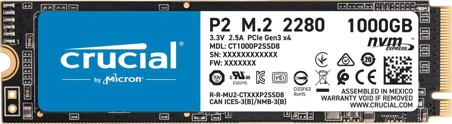 Crucial P2 1TB 3D NAND NVMe PCIe M.2 SSD, Up to 2400MBPS reading speed, Black, CT1000P2SSD8, Crucial P2 SSD, 1 TB